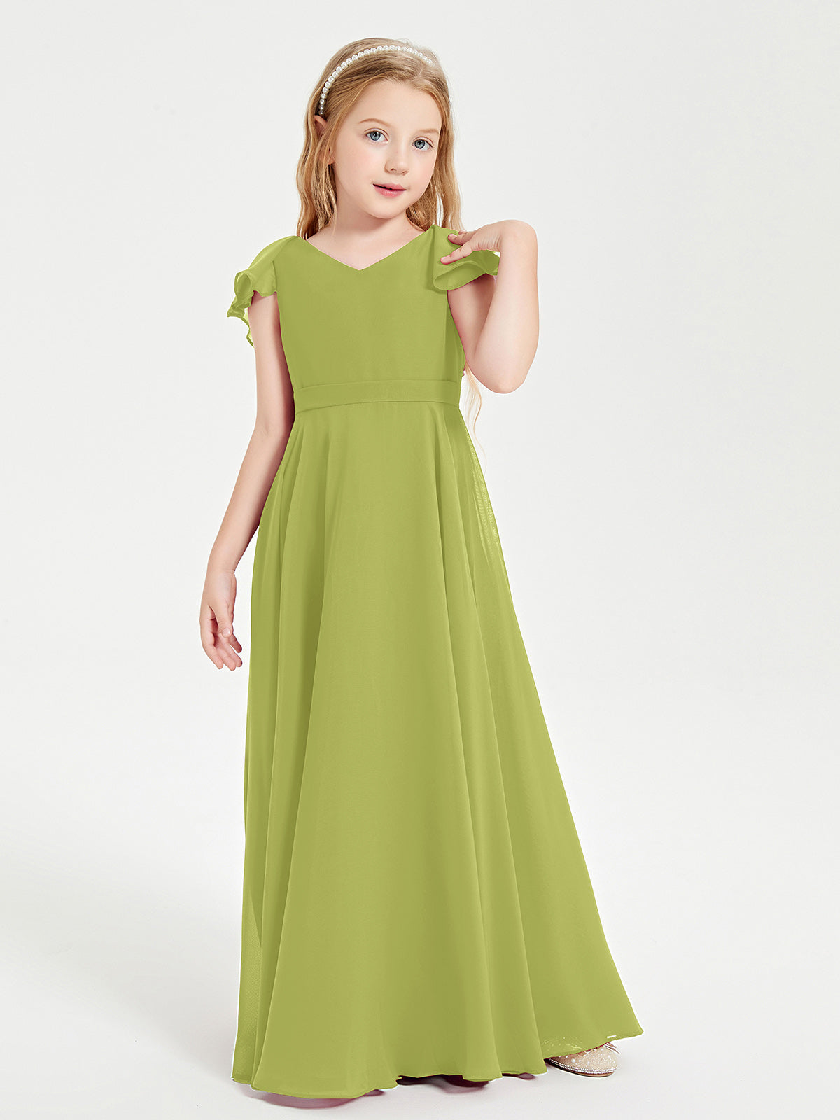 Delicate Chiffon Junior Bridesmaid Gown Flutter Sleeves V-neck Clover
